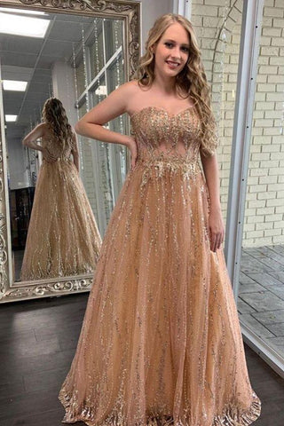 Gold Sequins Sparkle Sweetheart A Line Evening Formal Dress Prom Dress