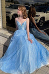 A-line Princess Sky Blue Spaghetti Straps Long Formal Evening Dress Prom Dress