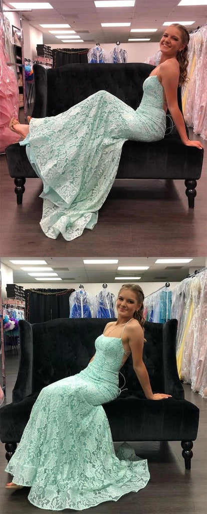 Lace Spaghetti Straps Mint Green Evening Dress Mermaid Long Prom Dress