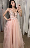 Pink V Neck A-line Long Prom Dress Spaghetti Straps Tulle Formal Dress
