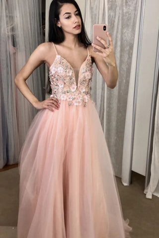 Pink V Neck A-line Long Prom Dress Spaghetti Straps Tulle Formal Dress