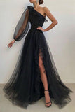 Princess Line Tulle Black Prom Dress Long Formal Evening Dress