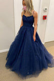 Navy Blue A Line Tulle Lace Appliques Evening Dress Formal Prom Dress