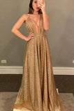 A Line Gold V-Neck Glitter Deep Evening Party Dress Long Prom Dress