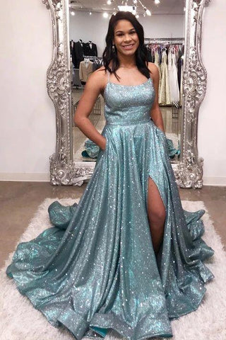 Blue Spaghetti Straps Shinning Prom Dress With Slit Evening Dress Graduation School Party Gowns