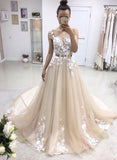 A-line Bateau Lace Appliqued Gold Sash Short Sleeves Wedding Dress Prom Dress N563