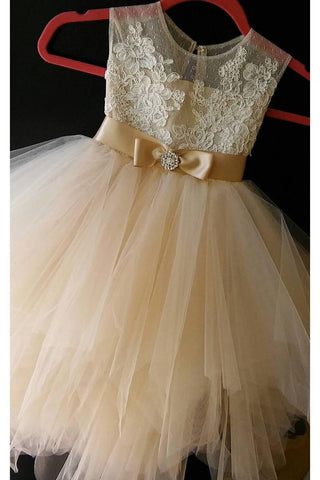 Cheap Champagne Tulle Flower Girl Dress with Lace, Cute Flower Girl Dress with Bow Belt F050
