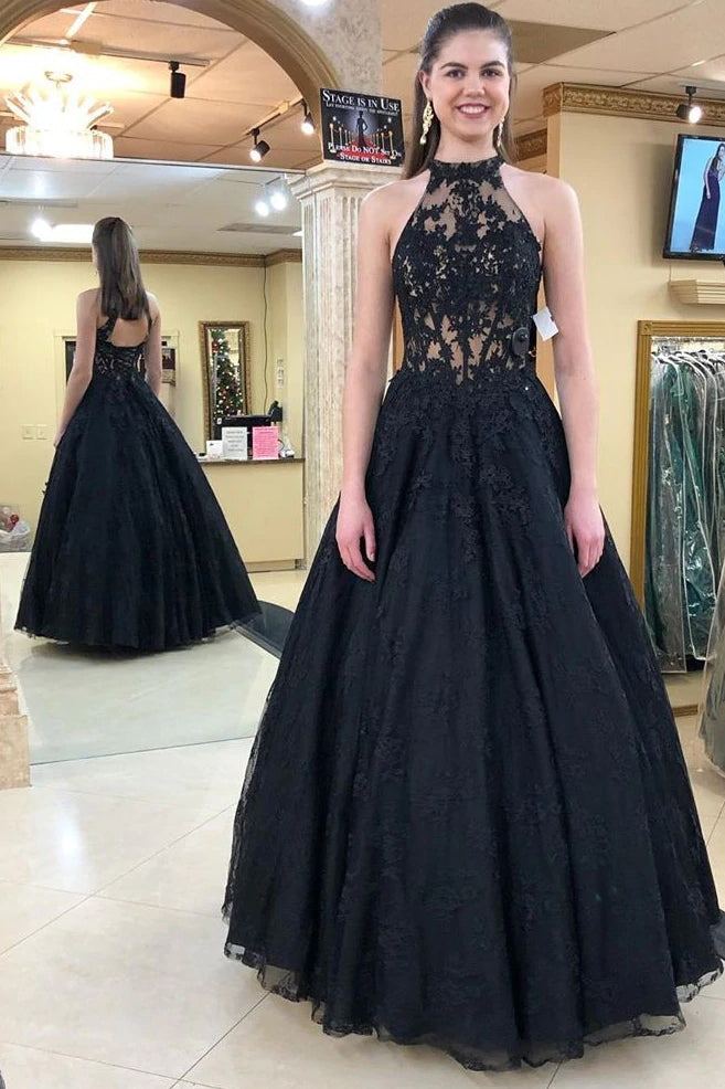 Black A-Line Appliques Halter Formal Evening Dress Long Prom Dress