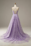 Lace A-Line Lilac Spaghetti Straps Tulle Appliques Long Prom Dress