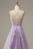 Lace A-Line Lilac Spaghetti Straps Tulle Appliques Long Prom Dress