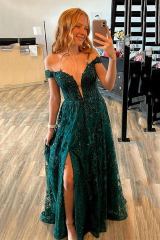 Dark Green A Line Off the Shoulder Lace Formal Evening Gowns Long Prom Dress