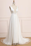 A Line Deep V Neck Sleeveless Bridal Dress Backless Long Wedding Dress N2270