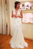 Long Applique Tulle V-neck Sleeveless Mermaid Wedding Dresses, Sexy Bridal Dress N848
