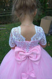 Ball Gown Cute Short Sleeves Long Flower Girl Dress, Lace Appliques Bow Flower Girl Dress F079
