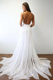 Spaghetti Straps Lace Beach Wedding Dress With Chiffon, Boho Bridal Dress With Slit N2683