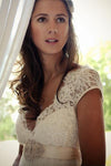 A-line V-neck Cap Sleeves Sweep Train Backless Wedding Dress With Sash,Beach Wedding Dress,N345