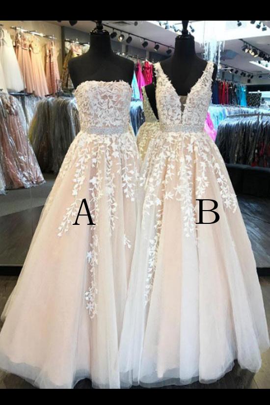 Custom-made Lace Appliques Tulle Long Wedding Dress,Strapless Prom Evening Dress,N246