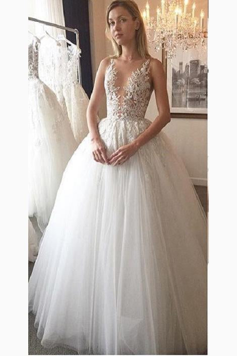 Ivory Deep V-neck Lace Appliqued Tulle Wedding Dress,Sexy Sheer Bridal Wedding Gown,N272