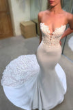 Strapless V-neck Mermaid Court Train Appliques Lace Wedding Dress N1089