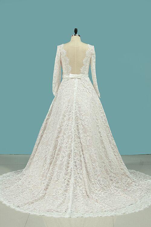 Vintage Long Sleeves Lace Wedding Dress With Sash A Line Backless Bridal Dress N939