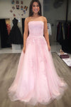 Pink Strapless Pearl A-Line Appliques Beading Tulle Prom Dress With Lace