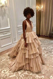 Long V Neck Tulle A Line Formal Evening Dress Prom Dress With Ruffles