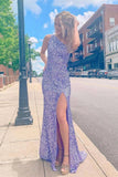 Lavender One Shoulder Sequins Stunning Long Prom Dress With Split