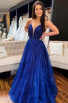 Royal Blue A Line Pageant Dress School Party Gown Sparkling Deep Evening Dress V Neck Prom Dress