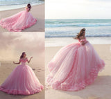 Pink Off the Shoulder Tulle Flower Wedding Dress Ball Gowns Quinceanera Dress N1261