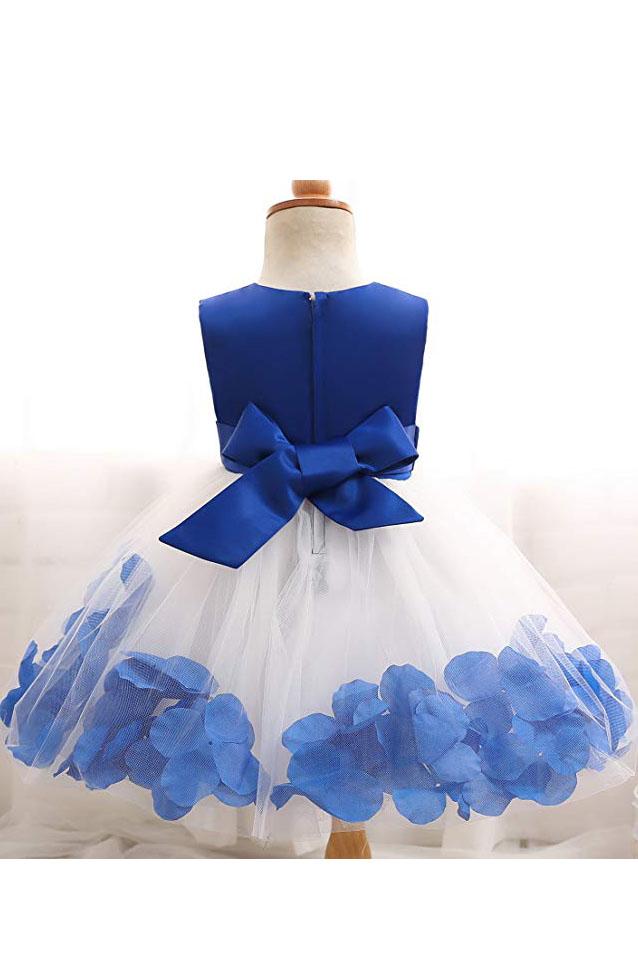 White and Blue Ball Gown Sleeveless Long Flower Girl Dress With Blue Flowers Sash F065