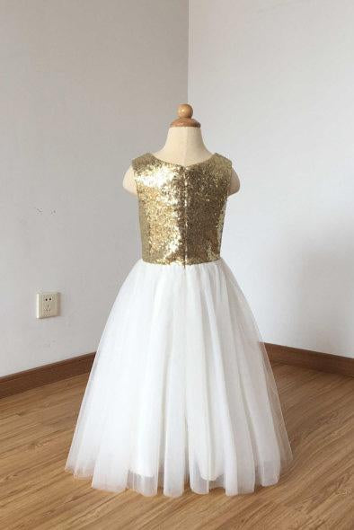 A Line Floor Length Ivory Tulle Flower Girl Dress With Gold Sequin, Cheap Flower Girl Dress F032