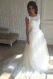 White Scoop Sleeveless Tulle Sweep Train Beach Wedding Dress With Lace Top,Bridal Gown,N387