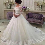 Long Sleeves Ball Gowns,Lace Vestido de Noiva,Customized Tulle Wedding Dress With Beaded Sash,N148
