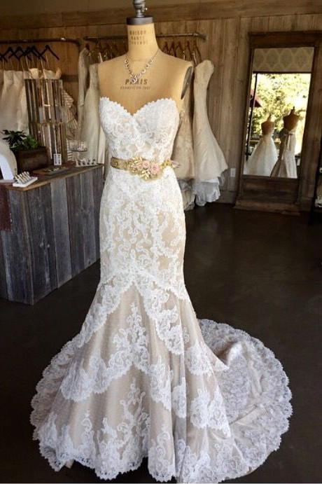 White Lace Wedding Dresses,Mermaid Wedding Gown,Strapless Wedding Gowns,Sweetheart Lace Bridal Dress,Sexy Brides Dress,Vintage Wedding Gowns