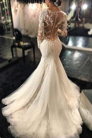 Long Sleeves Wedding Dress,Gorgeous Court Train Wedding Gown,Ivory Wedding Dress With Lace Appliques,Mermaid V-neck Bridal Dresses,N108