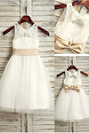 A-line Cute Ivory Lace Top Tulle Sleeveless Flower Girl Dress With Bowknot,F005