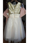 A Line Sleeveless Floor Length Gold Sequin Tulle Flower Girl Dress With Flower F036