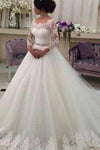 Customized Wedding Dresses,Long Sleeves Bridal Dress,Ball Gowns Tulle Bridal Gown,Lace Vestido de Noiva Elegant Casamento Robe De Marriage Beaded Sash,N148
