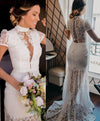 Vintage High Neck Lace Wedding Dress See Through Bridal Dress With Short Sleeves N1786