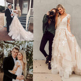 Gorgeous V Neck Long Sleeves Lace Appliques Wedding Dresses With Train N2373