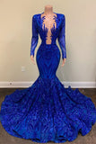 Mermaid Royal Blue Long Sleeves Sequins Long Prom Dress PD0577