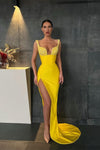 Yellow Sequins Spaghetti Straps Mermaid Prom Dress With Split PD0445