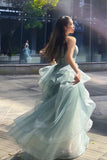 Princess Gray Spaghetti Straps Tulle Formal Evening Party Dress Long Formal Prom Dress