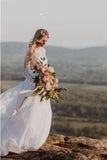 Romantic Two Piece Long Sleeves Wedding Dress With Lace, A Line Ivory Chiffon Bridal Dress N2398