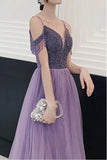 Elegant Cold Tulle A Line Shoulder Beaded Lilac Long Prom Party Dress