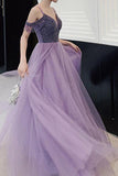 Elegant Cold Tulle A Line Shoulder Beaded Lilac Long Prom Party Dress