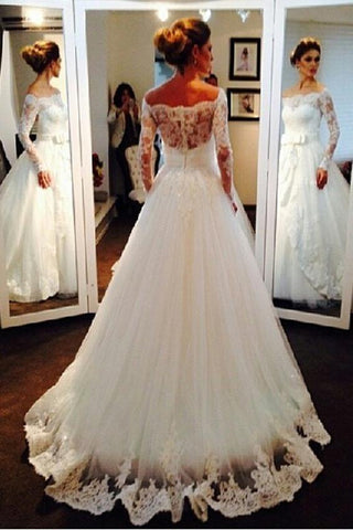Elegant Tulle Lace Off-the-shoulder Bridal Dress Long Sleeve Wedding Dress N935
