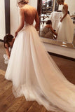 Ivory Backless Spaghetti Straps Tulle Beach Wedding Dress, Lace Applique Bridal Dress N2415