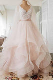 Light Pink V-neck Sleeveless Sweep Train Lace Top Tulle Wedding Dress With Sash N597