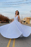 White Sequins A-Line V-Neck Shiny Formal Evening Dress Long Prom Dress